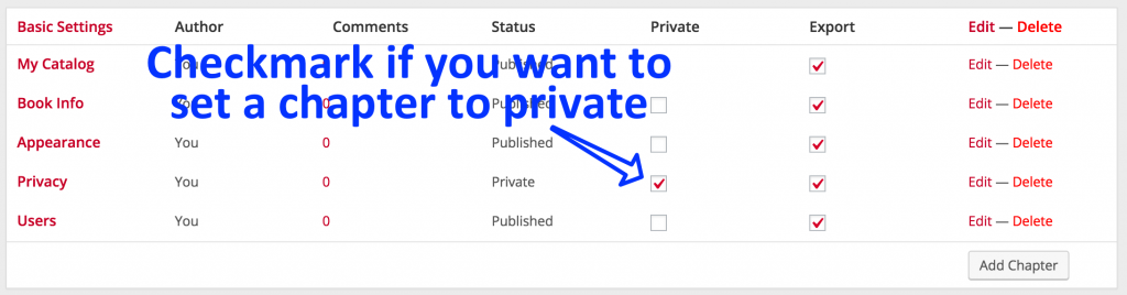 Set the privacy of every individual chapter