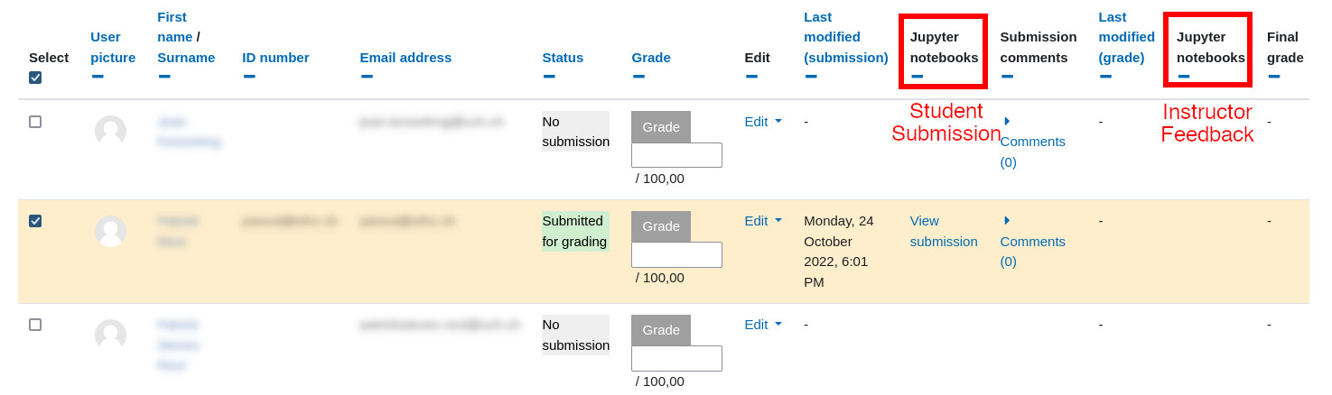 Left column is student submissions, right column is instructor feedback