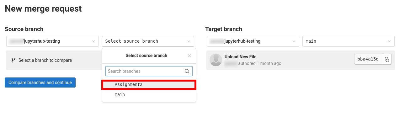 GitLab Merge Request with previously created branch highlighted